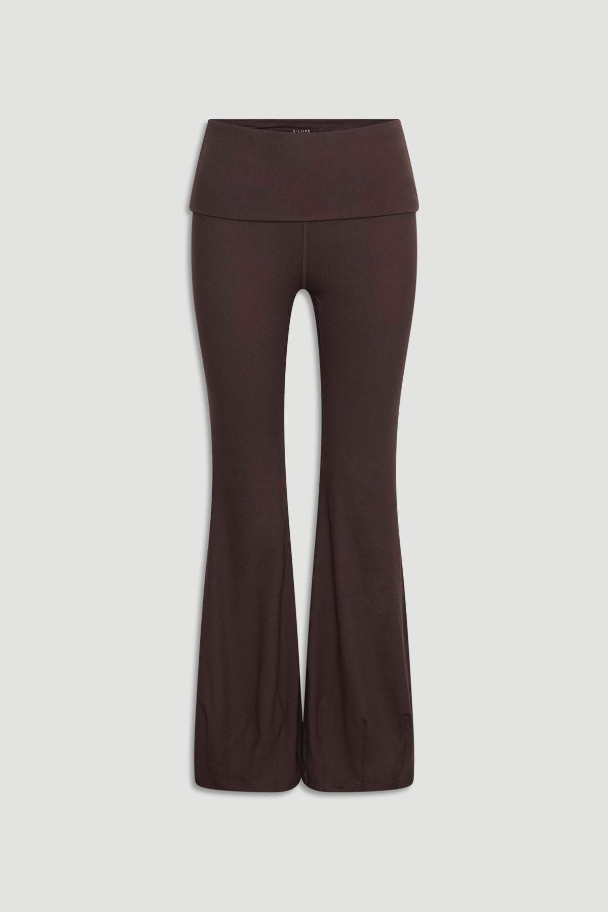 Brown wide-legged D-Luxe Flare Legging with a fold-over waistband, designed for comfort and style by Decjuba.
