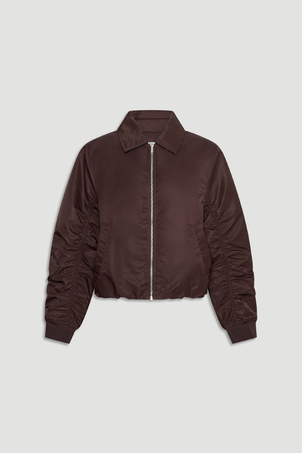 D-Luxe Collared Bomber Jacket in rich cocoa brown with ruched sleeves and silver front zip for modern, versatile layering