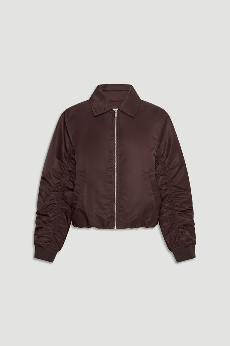 D-Luxe Collared Bomber Jacket in rich cocoa brown with ruched sleeves and silver front zip for modern, versatile layering