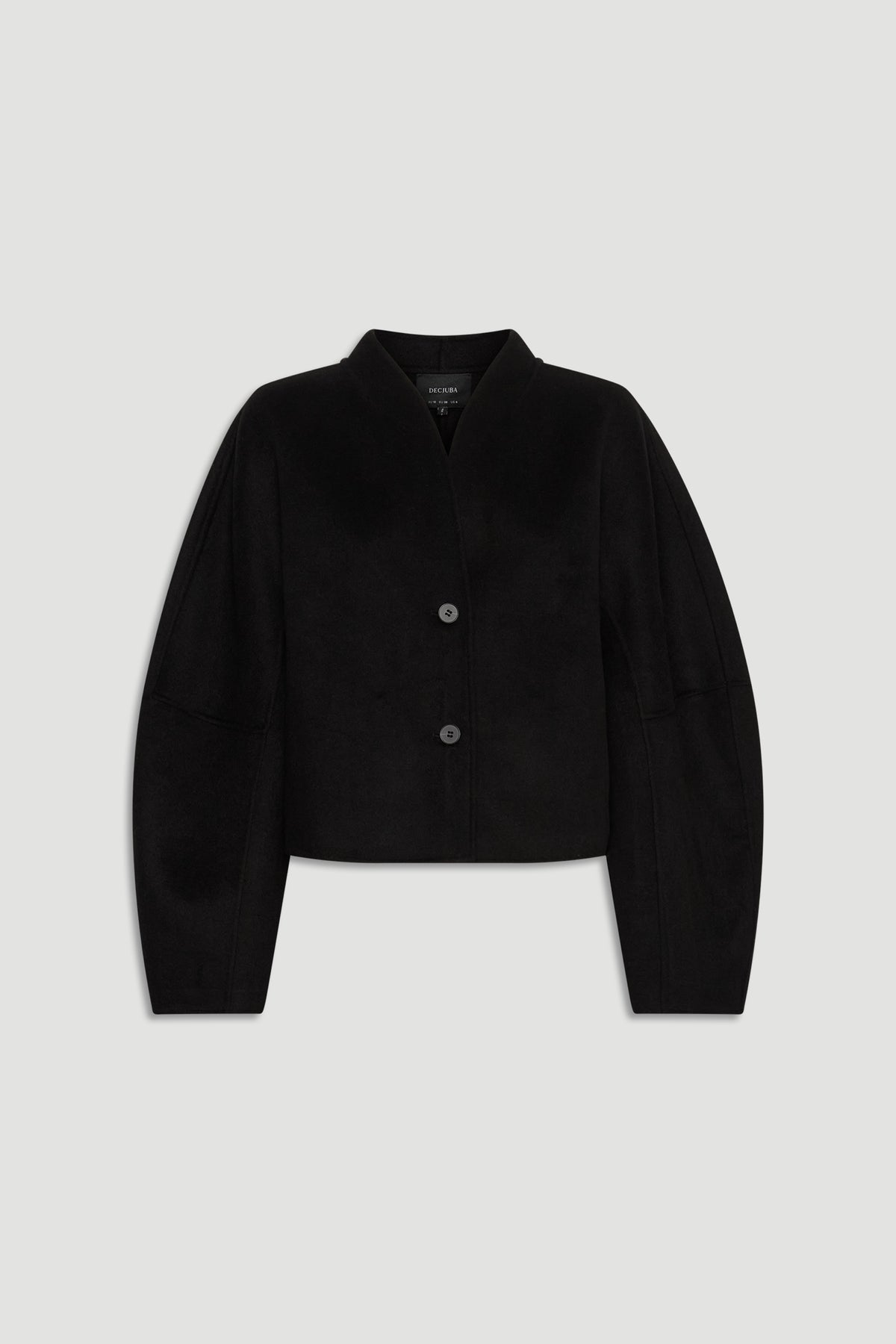 Black fitted jacket featuring distinctive barrel sleeves and a minimalist collar with two button closures.