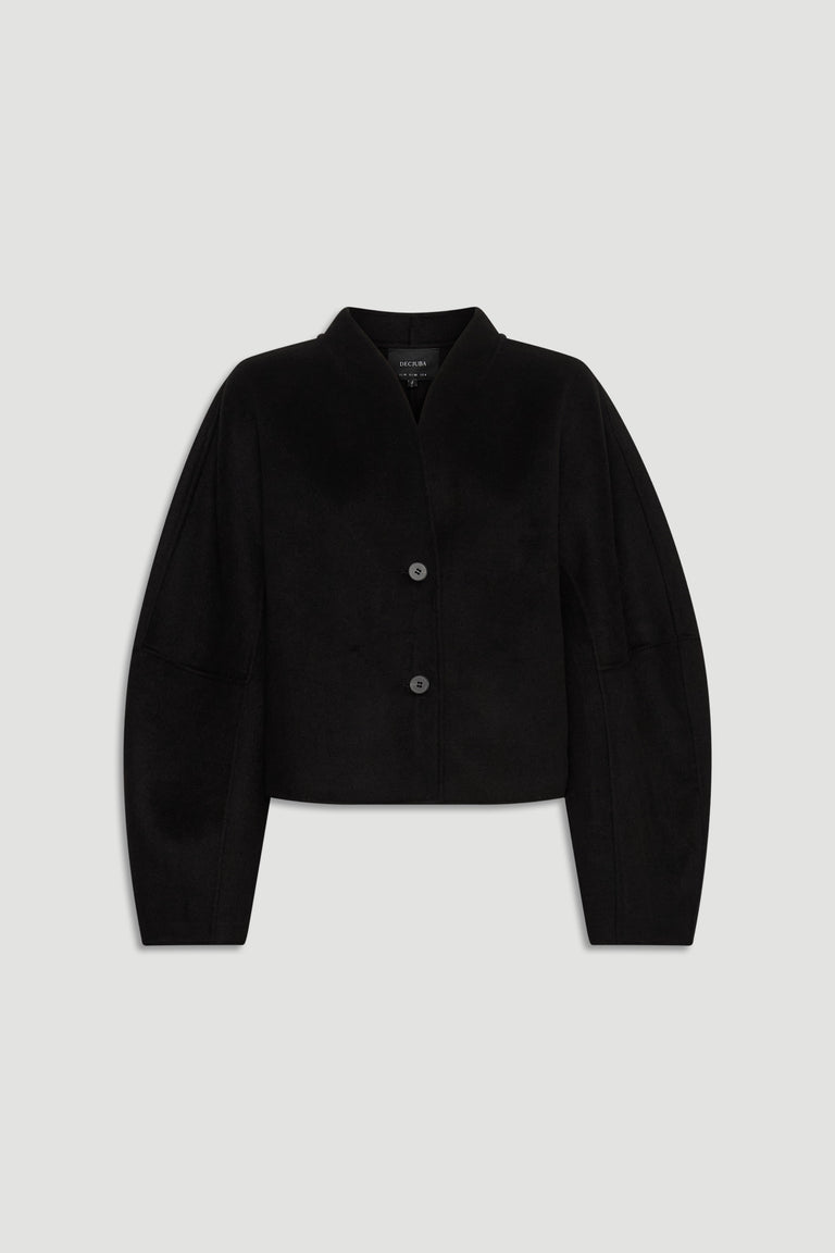 Black fitted jacket featuring distinctive barrel sleeves and a minimalist collar with two button closures.