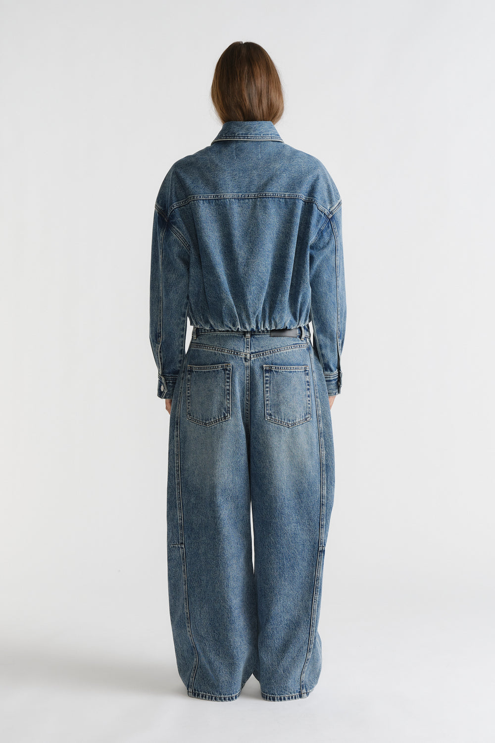 D-Luxe Barrel Jean in relaxed wide-leg fit with classic blue wash, shown from back by DECJUBA Australian fashion brand