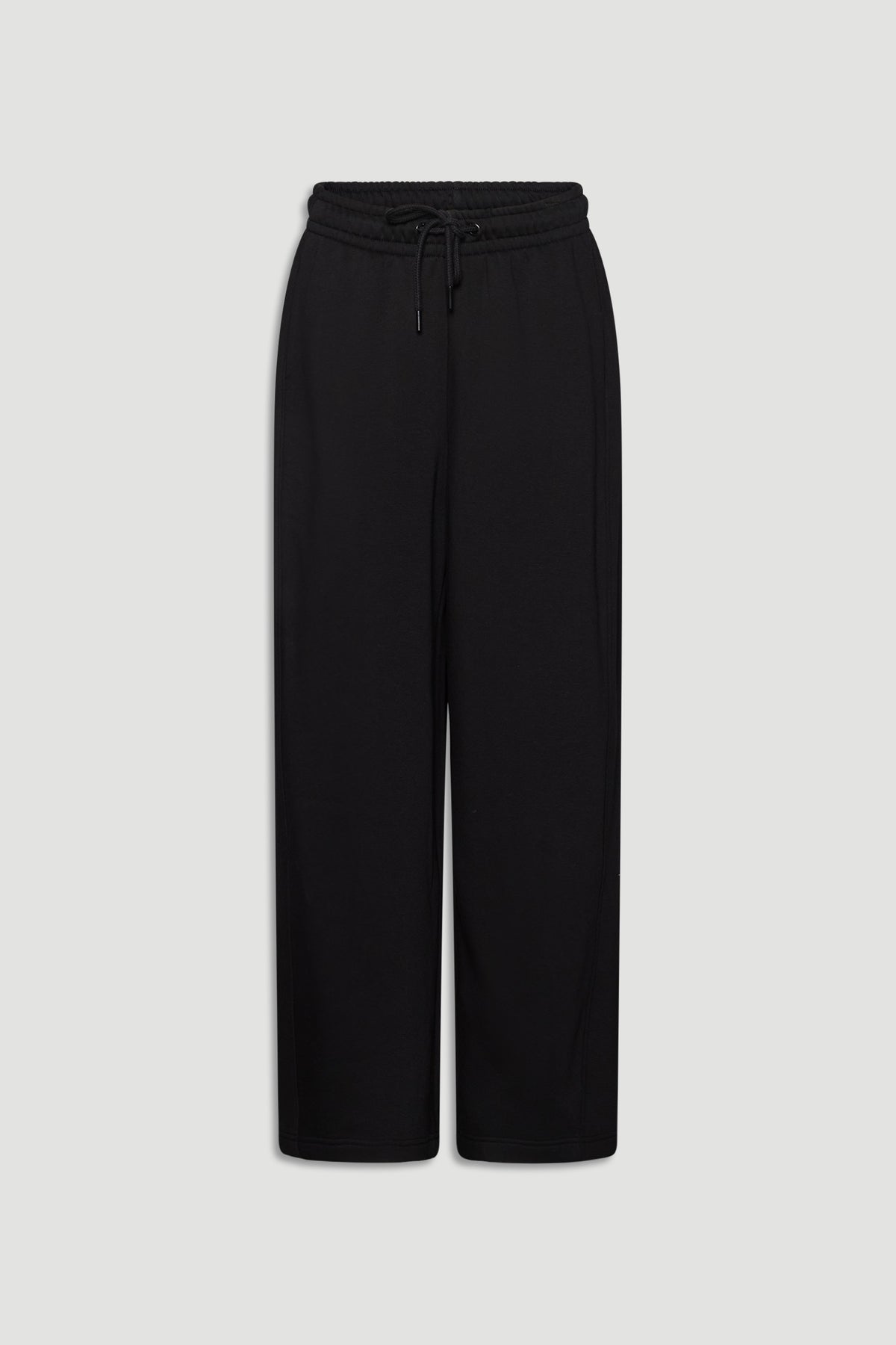 Black relaxed-fit barrel track pants with an adjustable drawstring waist for comfortable everyday wear