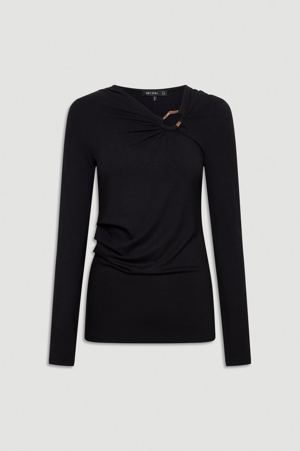 Black long sleeve top with subtle drape and twisted detail accented by a small metal ring at the neckline.