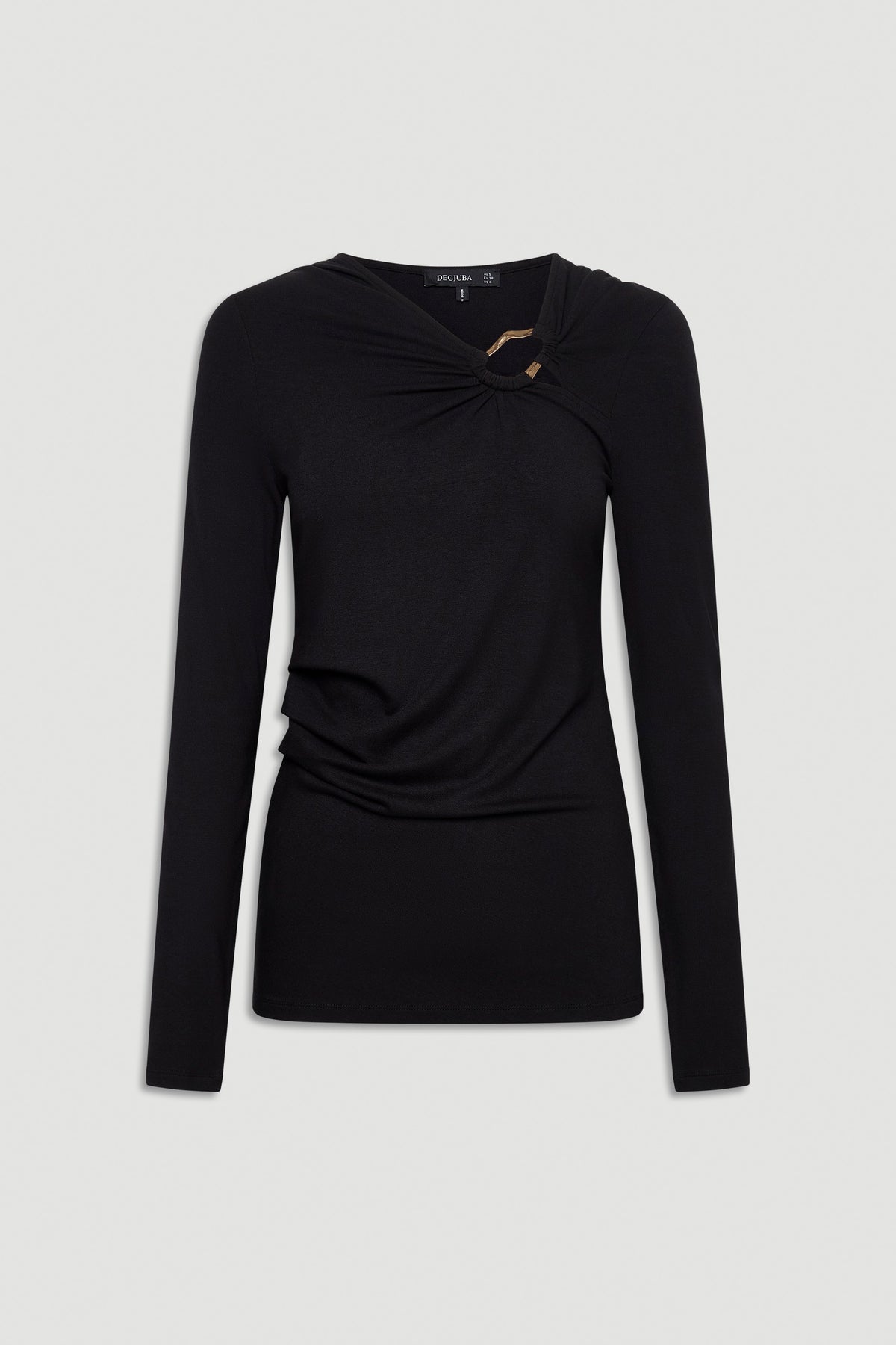 Black long sleeve top with subtle drape and twisted detail accented by a small metal ring at the neckline.