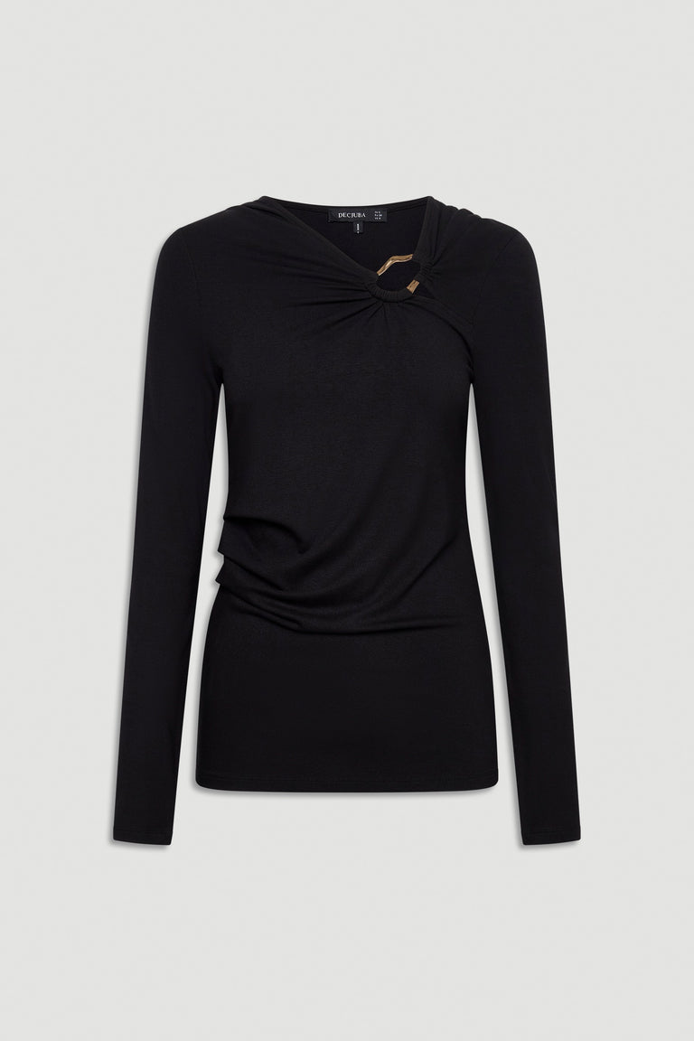 Black long sleeve top with subtle drape and twisted detail accented by a small metal ring at the neckline.