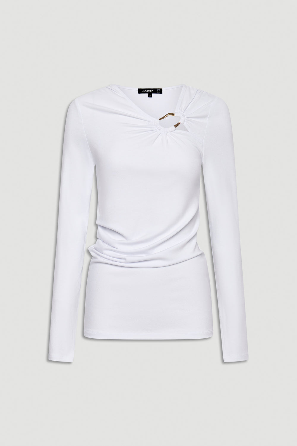 White long-sleeve slim top featuring a subtle gathered detail with a metal accent near the neckline.