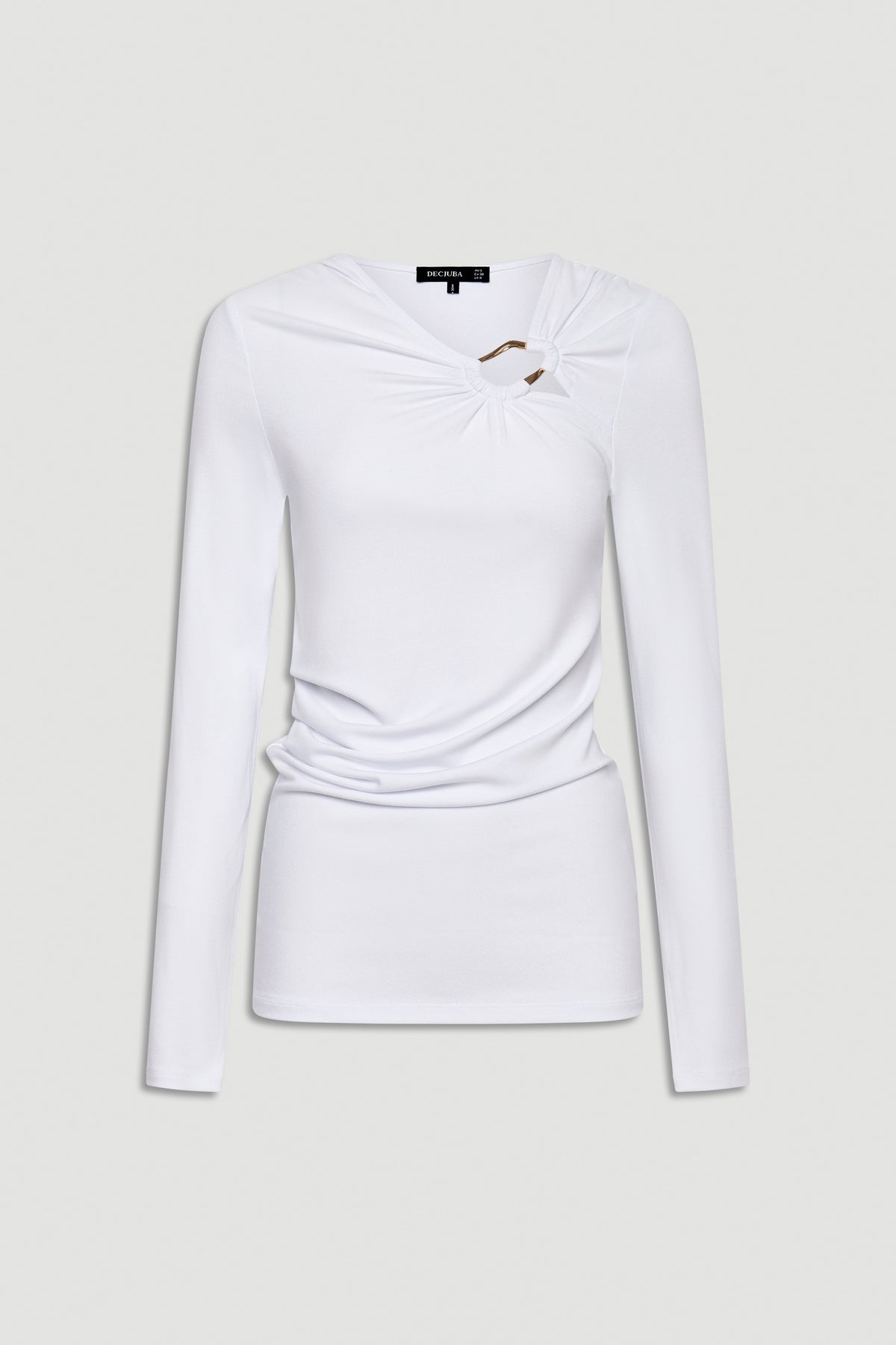 White long-sleeve slim top featuring a subtle gathered detail with a metal accent near the neckline.