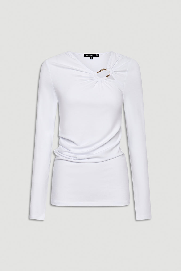 White long-sleeve slim top featuring a subtle gathered detail with a metal accent near the neckline.