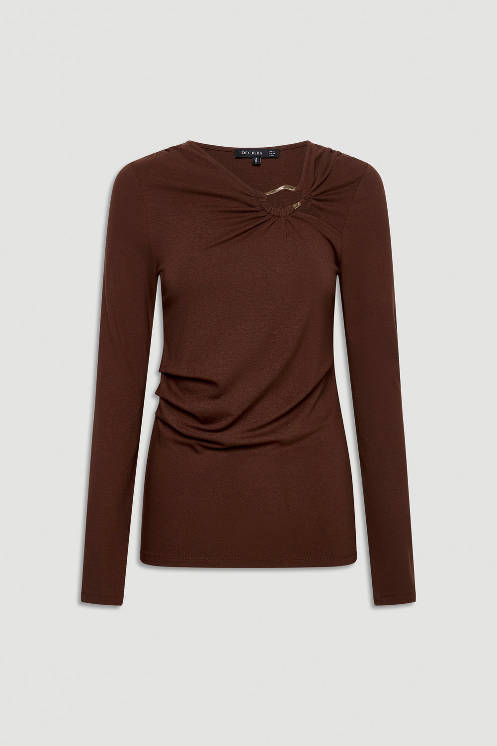 Brown long-sleeve top with gathered detail and subtle metal accent, offering a sleek and modern everyday style.