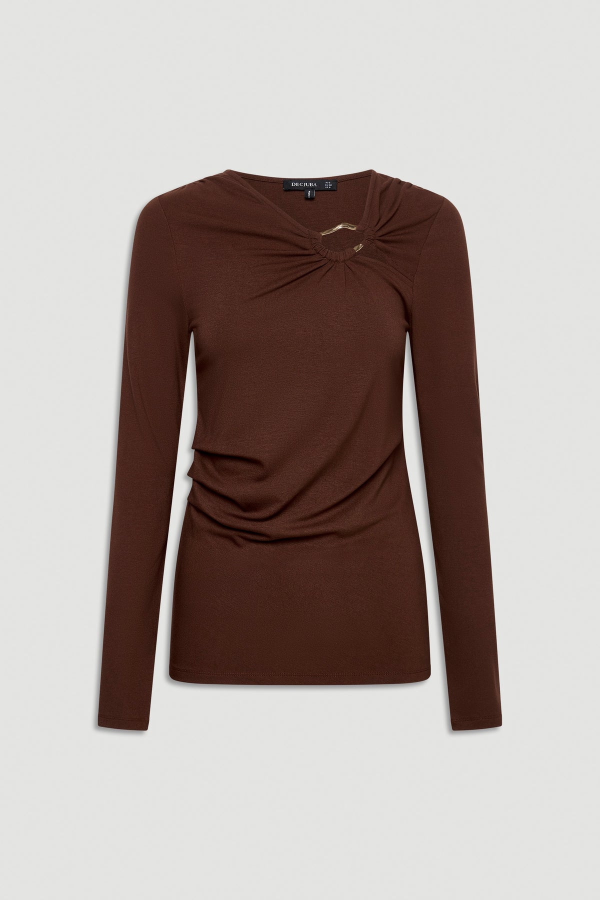 Brown long-sleeve top with gathered detail and subtle metal accent, offering a sleek and modern everyday style.