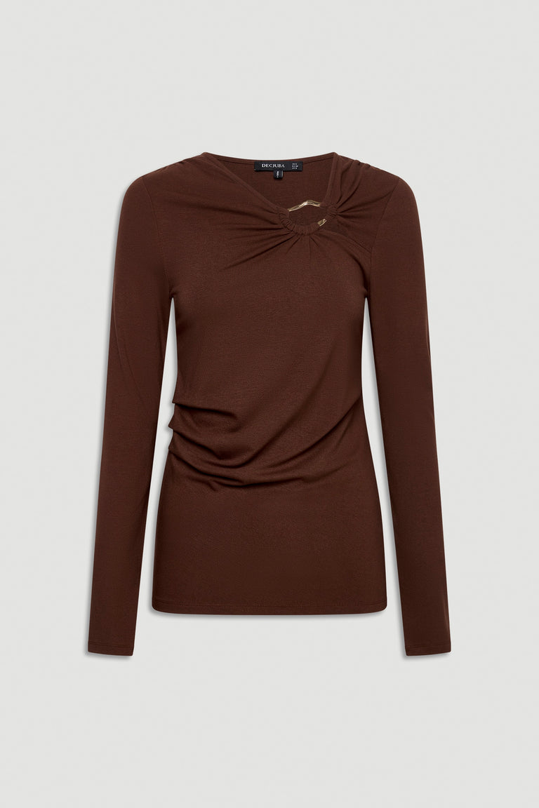 Brown long-sleeve top with gathered detail and subtle metal accent, offering a sleek and modern everyday style.
