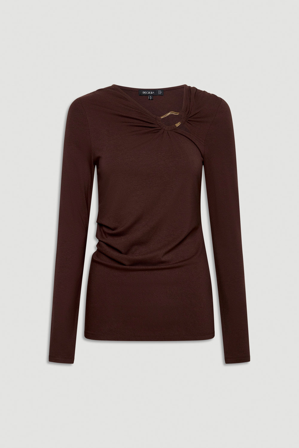 Long-sleeve rich mocha top with subtle metal detail at the neckline for an elegant, modern finish.