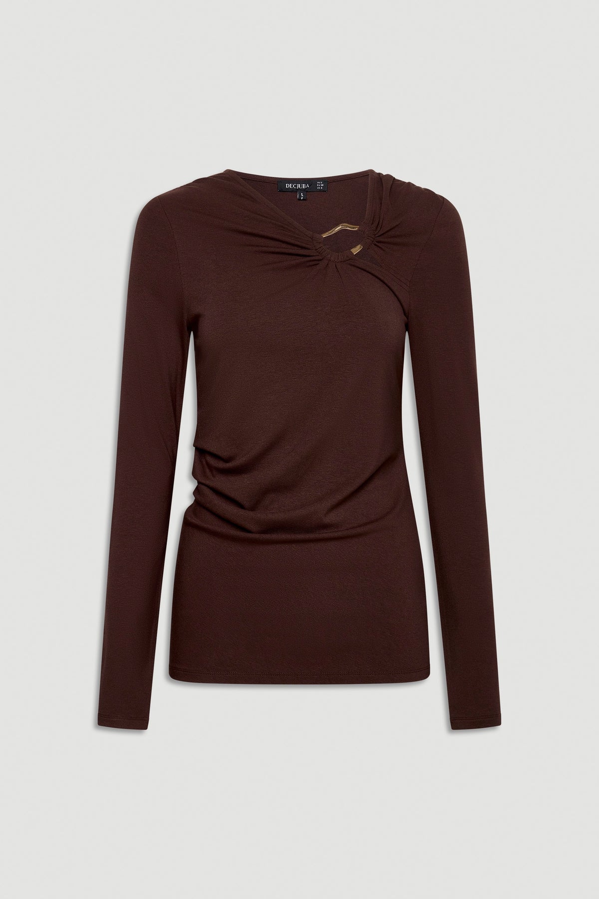 Long-sleeve rich mocha top with subtle metal detail at the neckline for an elegant, modern finish.