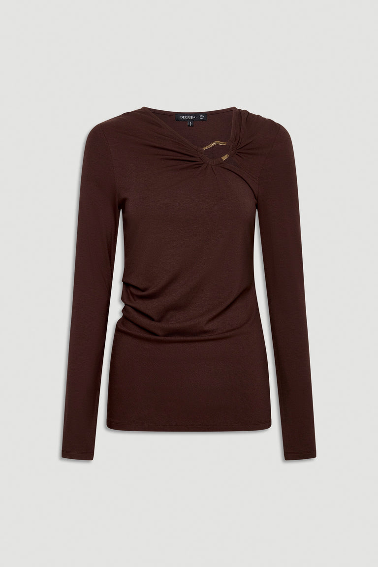 Long-sleeve rich mocha top with subtle metal detail at the neckline for an elegant, modern finish.