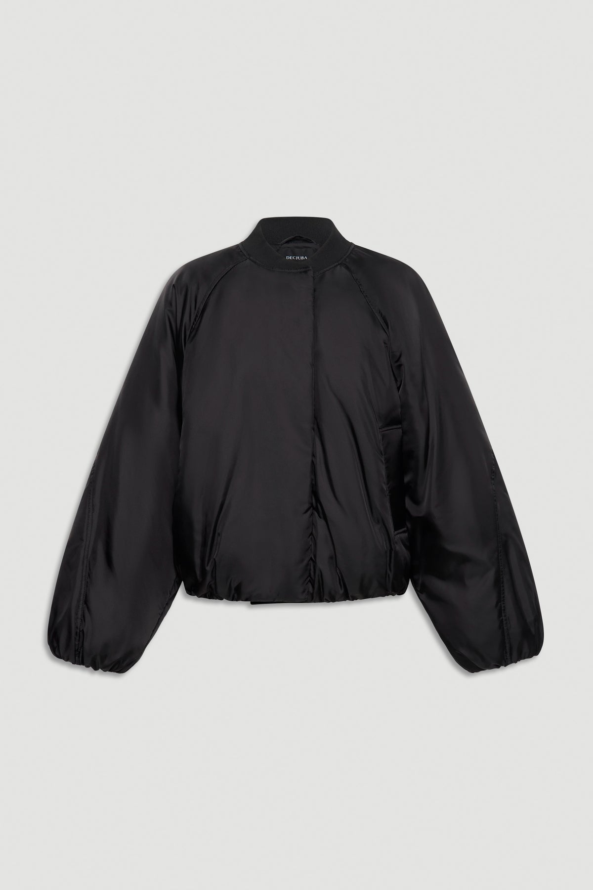 Black oversized bomber jacket with a relaxed fit, balloon sleeves, and a simple collarless neckline