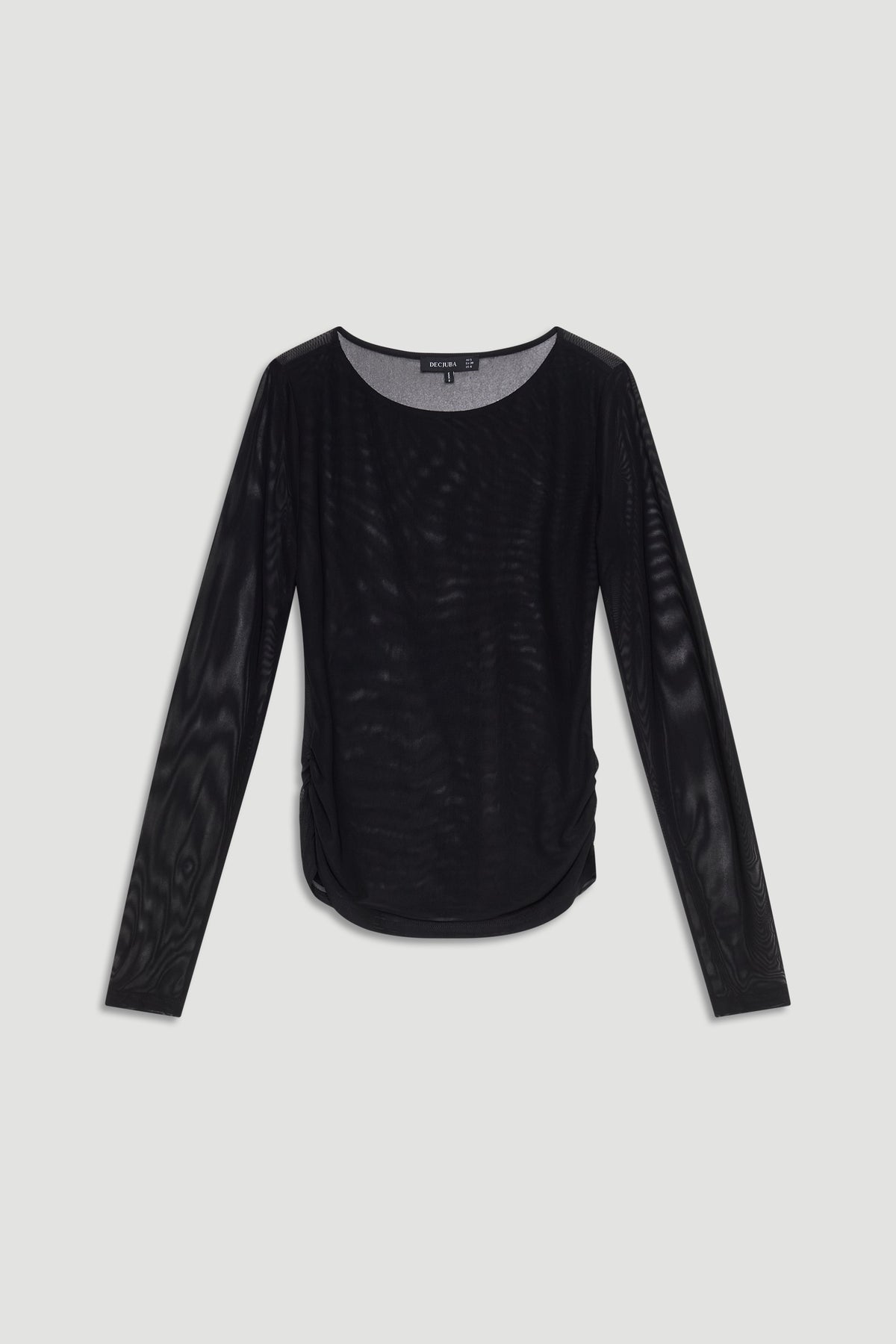 Black long-sleeve mesh top with a scoop neck and ruched sides for a sleek, modern silhouette.