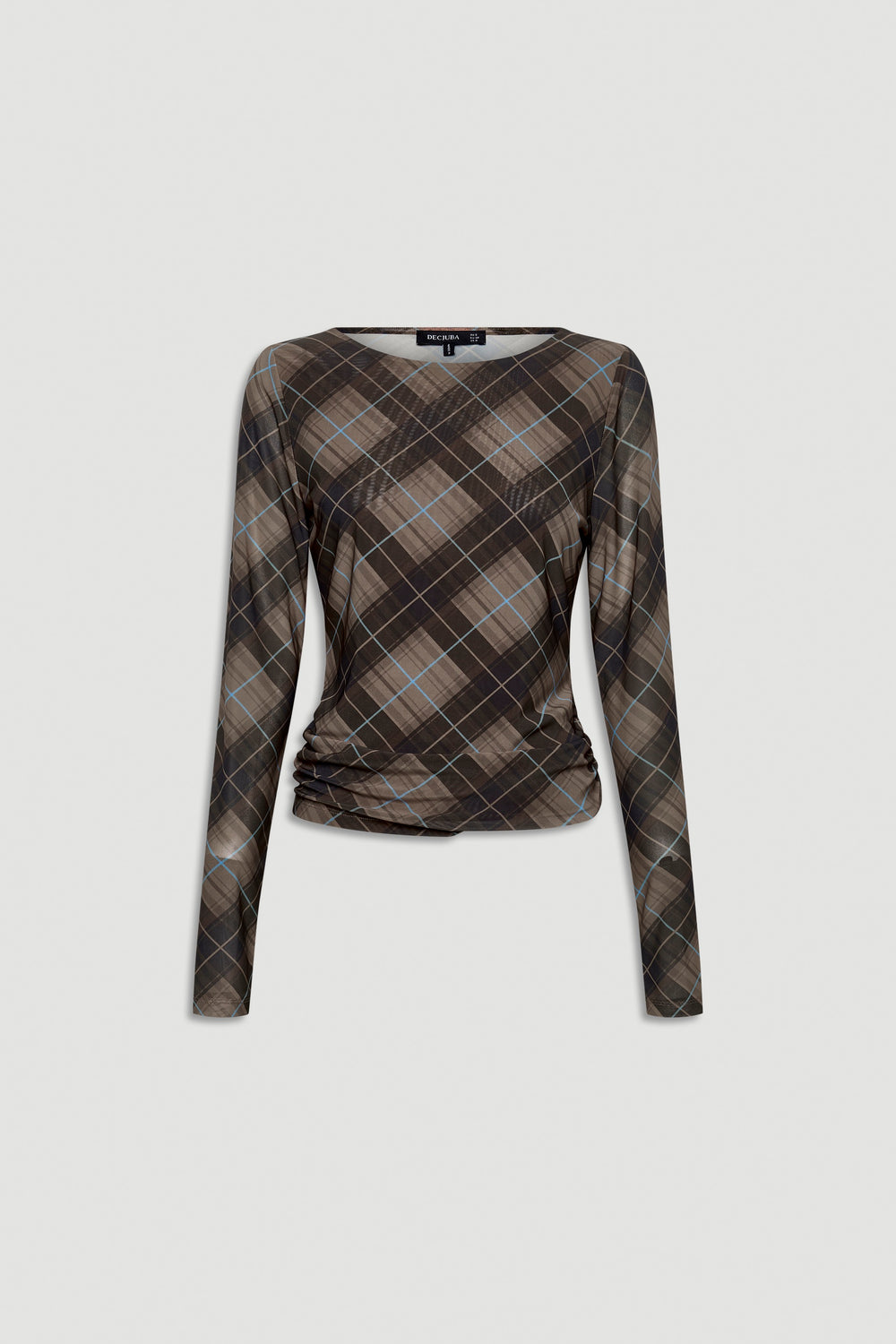 Long-sleeve mesh top with a muted brown and blue checkered pattern and ruched sides for a flattering fit