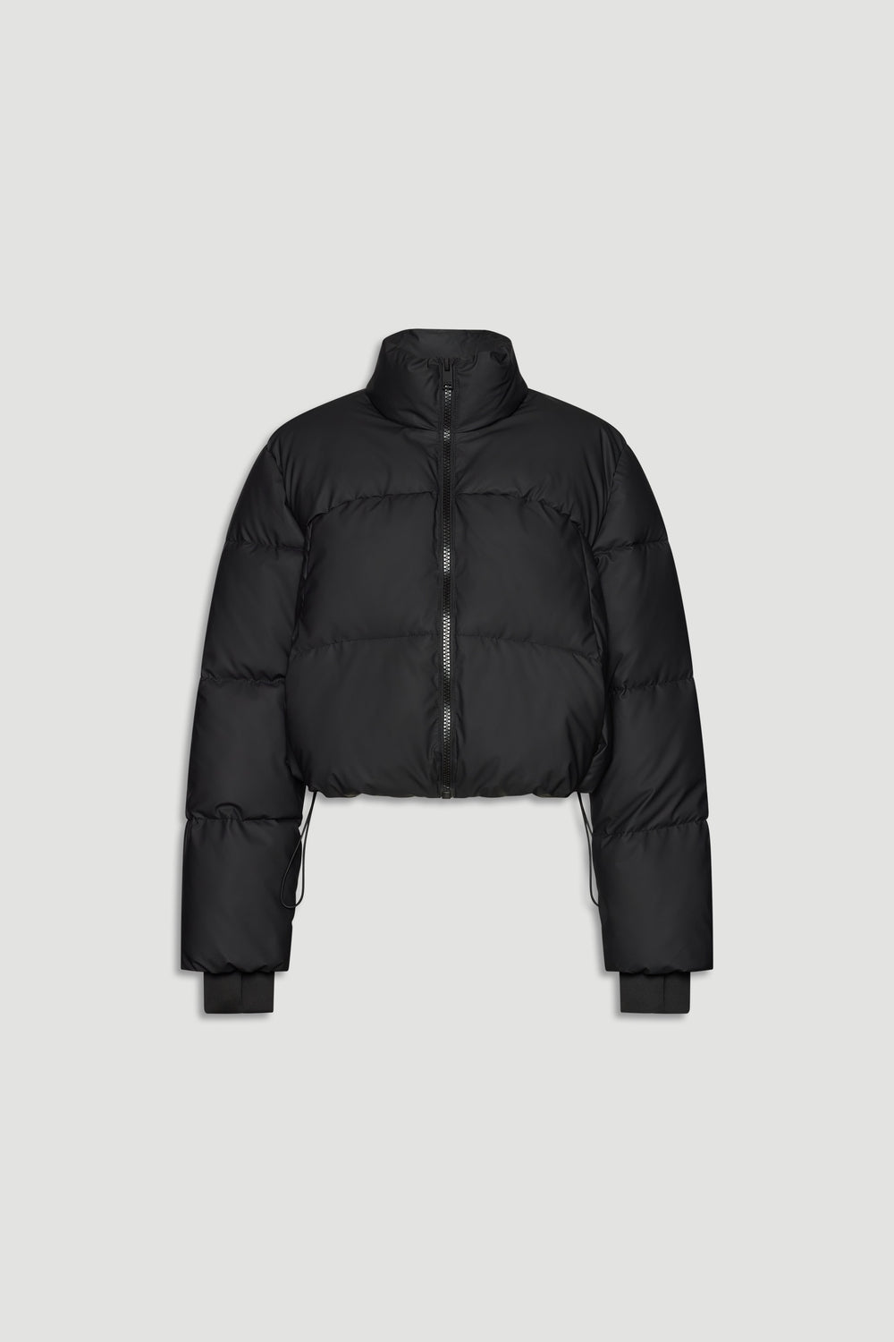 Black cropped puffer jacket with high collar, full zip front, adjustable hem, and ribbed cuffs for a cozy fit.