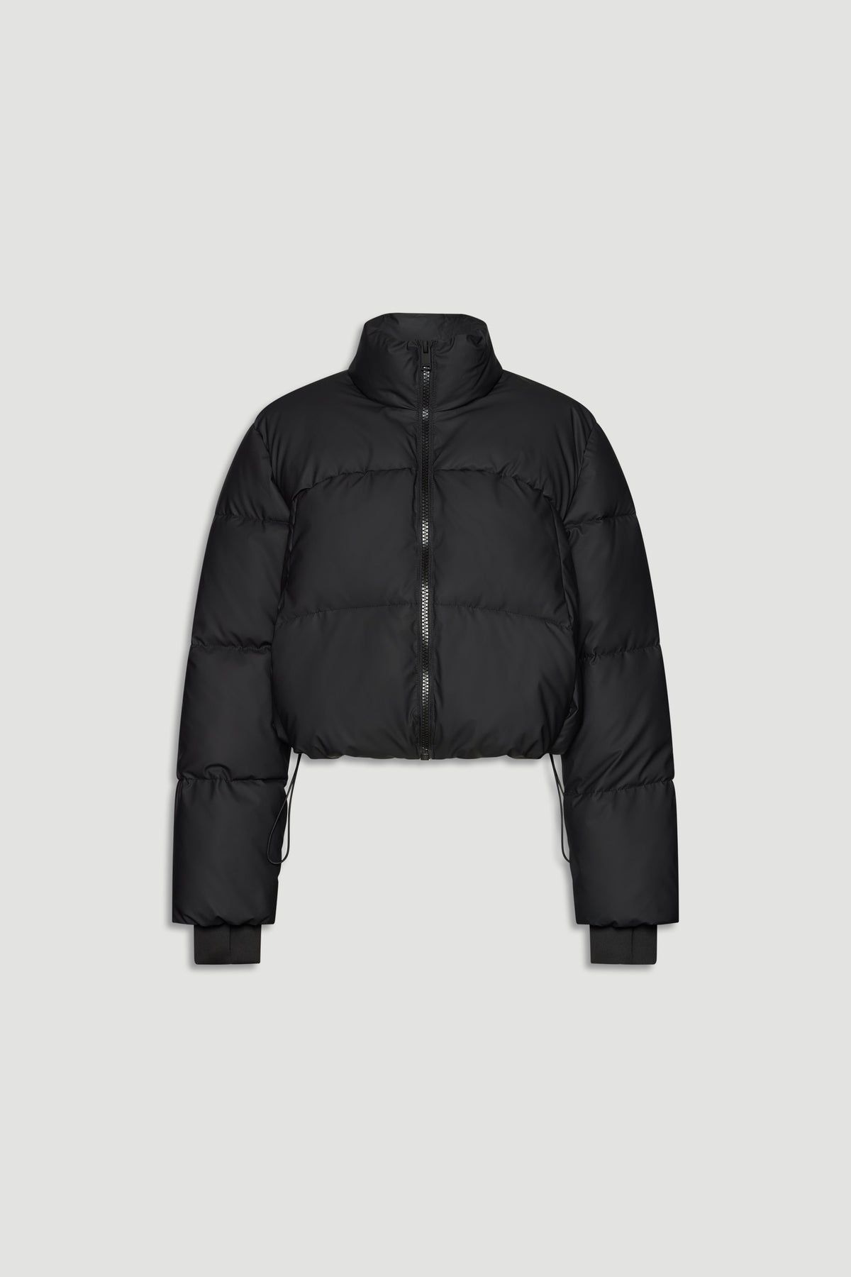 Black cropped puffer jacket with high collar, full zip front, adjustable hem, and ribbed cuffs for a cozy fit.