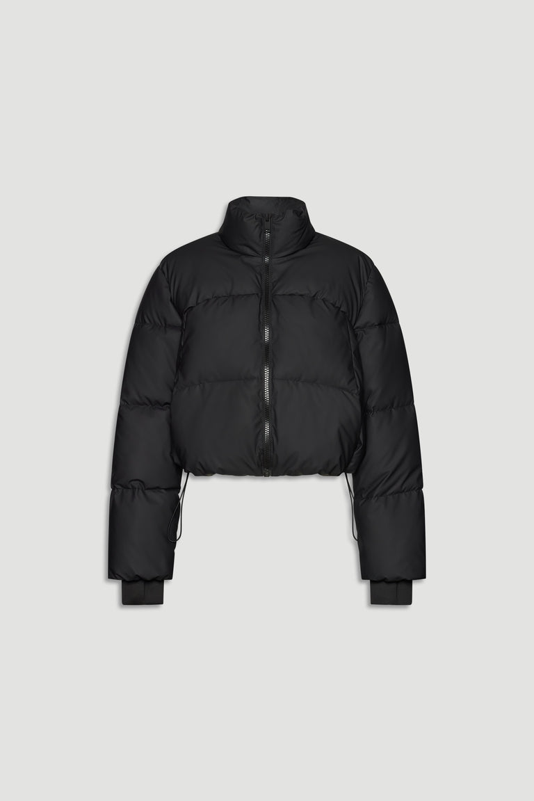 Black cropped puffer jacket with high collar, full zip front, adjustable hem, and ribbed cuffs for a cozy fit.