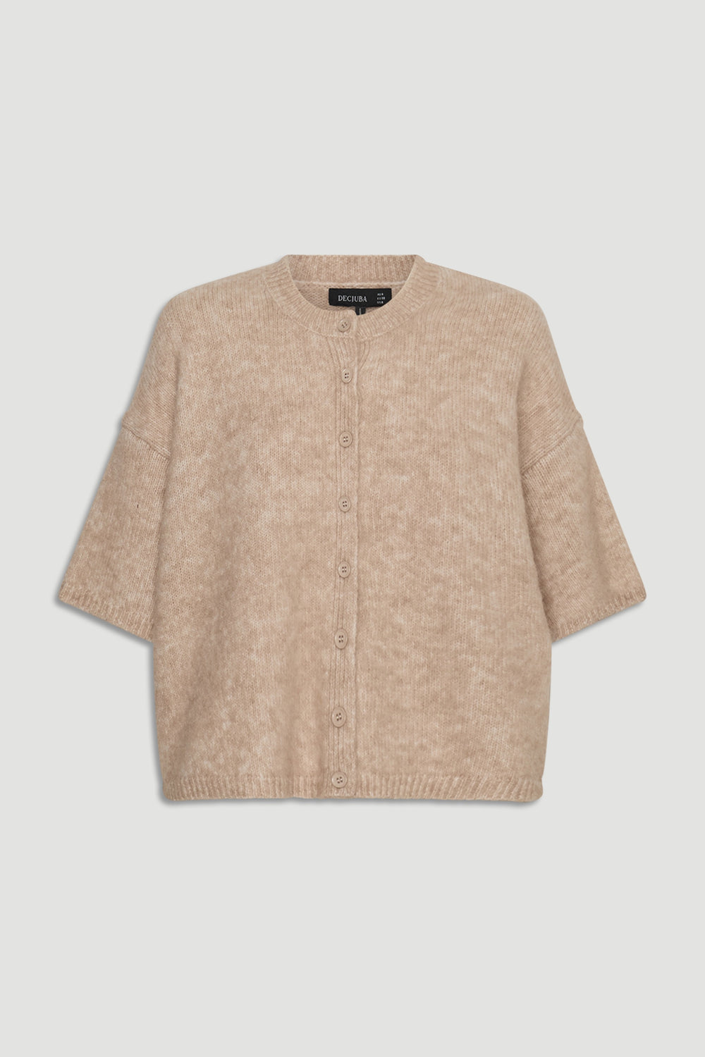 Beige boxy knit cardigan with short sleeves and button front, designed for a relaxed and versatile look.
