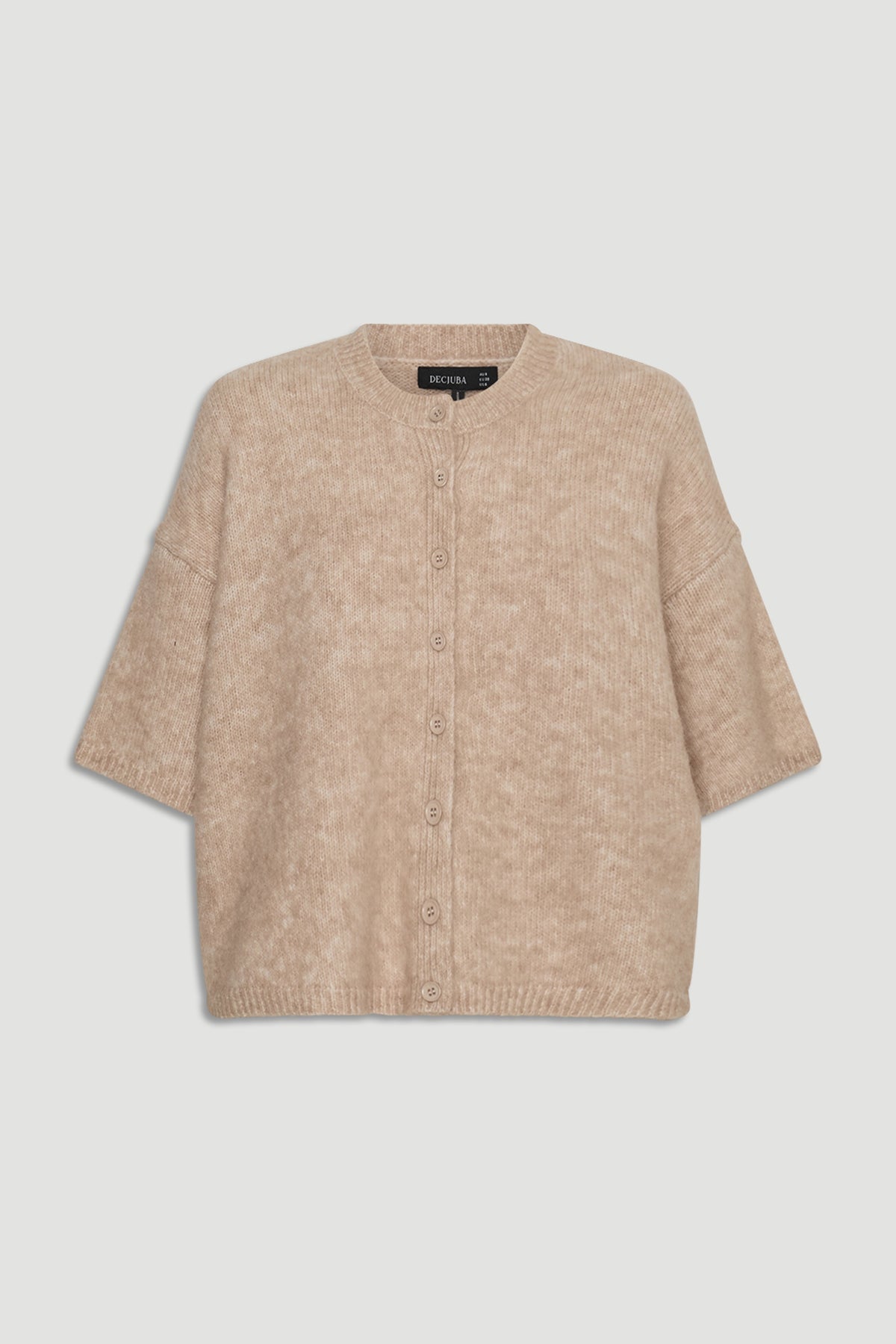 Beige boxy knit cardigan with short sleeves and button front, designed for a relaxed and versatile look.