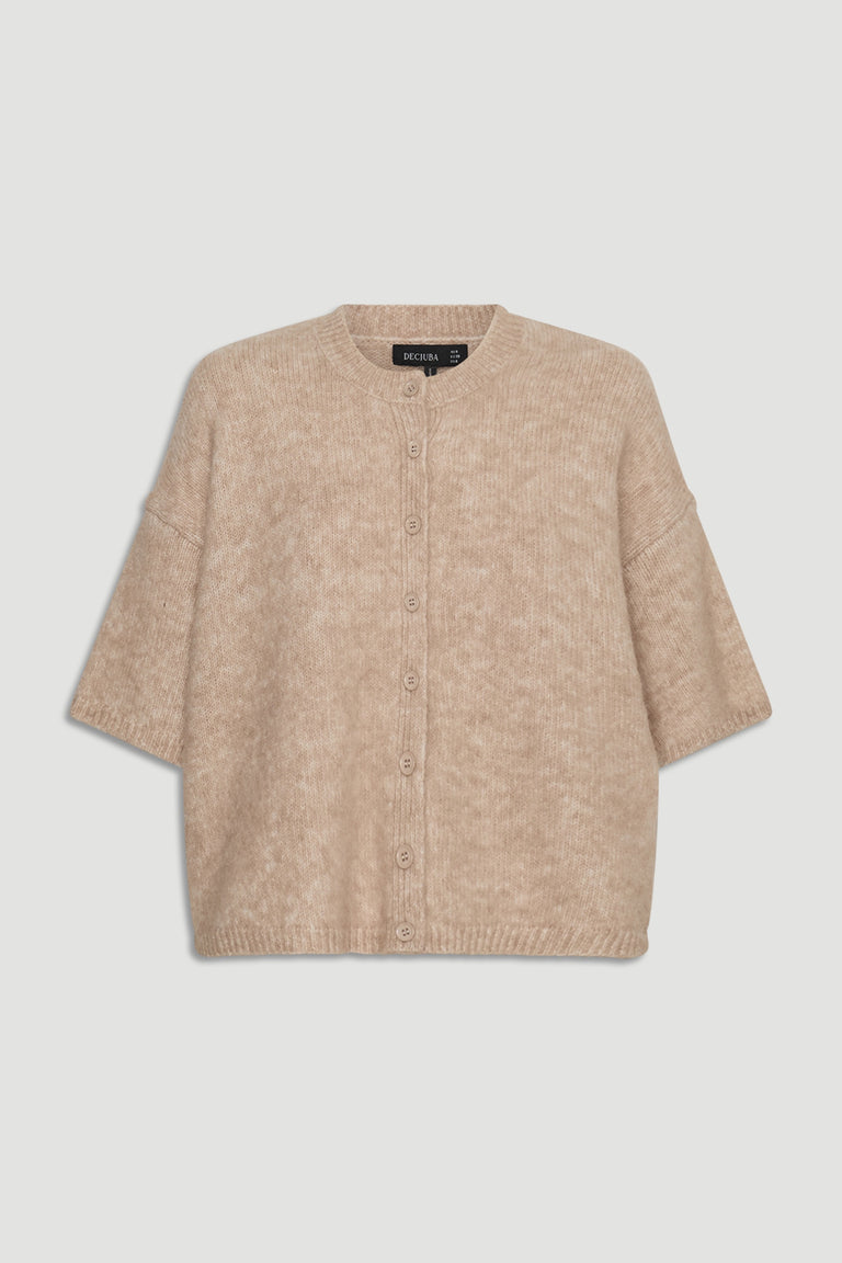 Beige boxy knit cardigan with short sleeves and button front, designed for a relaxed and versatile look.