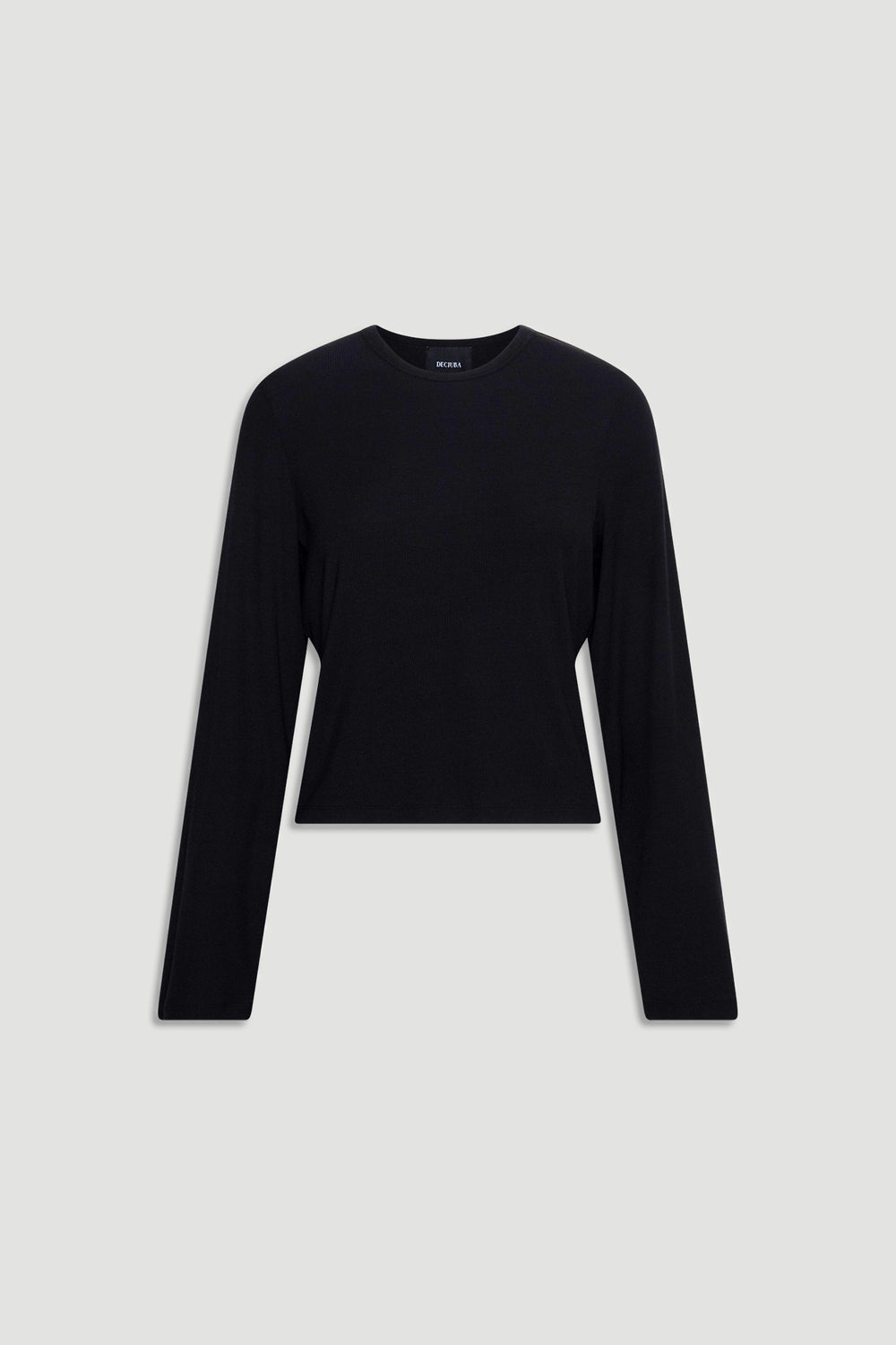 Black ribbed long sleeve top with a fitted silhouette and crew neckline, perfect for layering or casual wear.