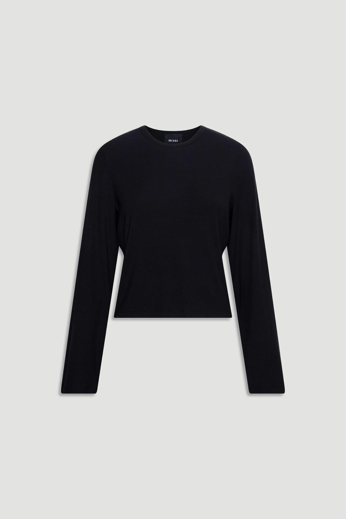 Black ribbed long sleeve top with a fitted silhouette and crew neckline, perfect for layering or casual wear.