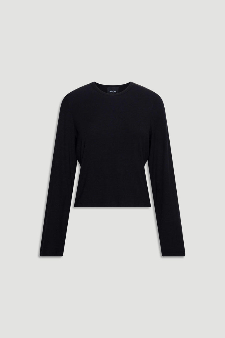 Black ribbed long sleeve top with a fitted silhouette and crew neckline, perfect for layering or casual wear.
