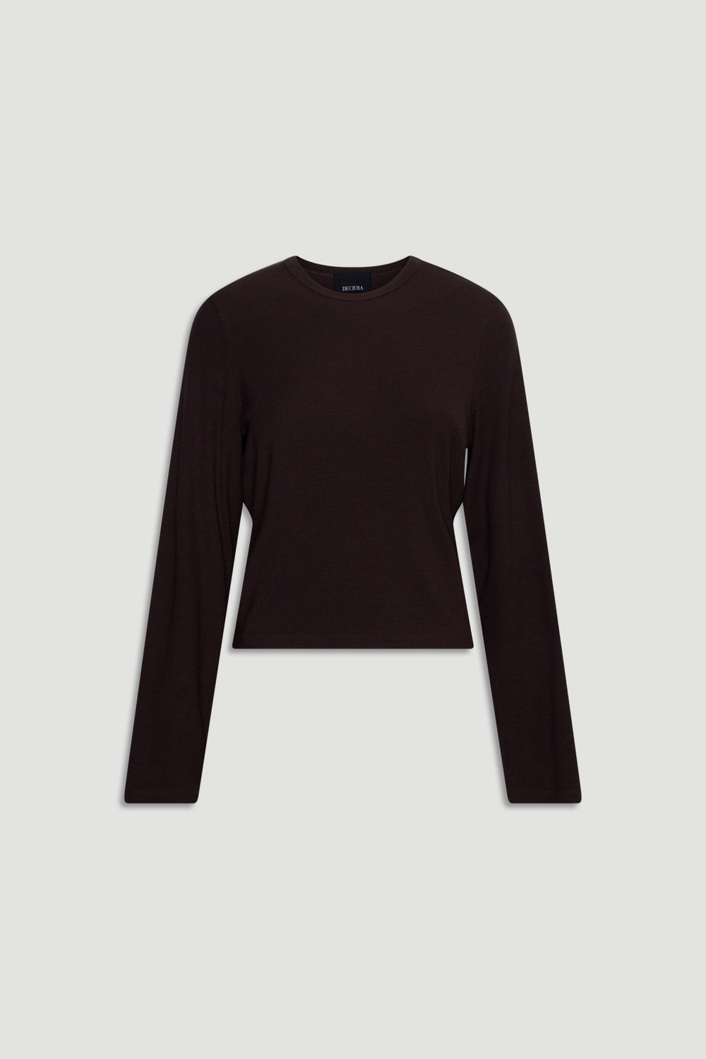 Dark brown ribbed long sleeve top with a relaxed fit and soft texture for comfortable everyday wear.