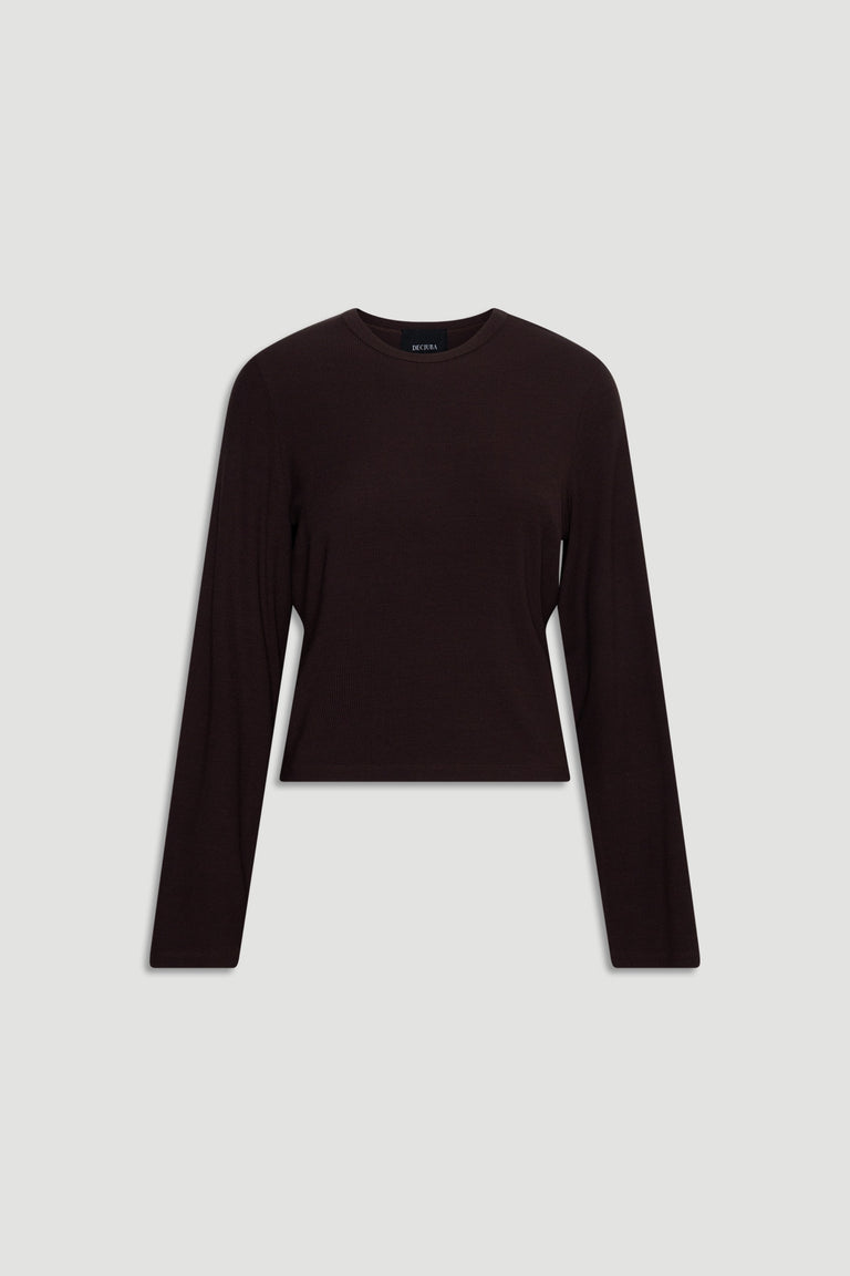 Dark brown ribbed long sleeve top with a relaxed fit and soft texture for comfortable everyday wear.