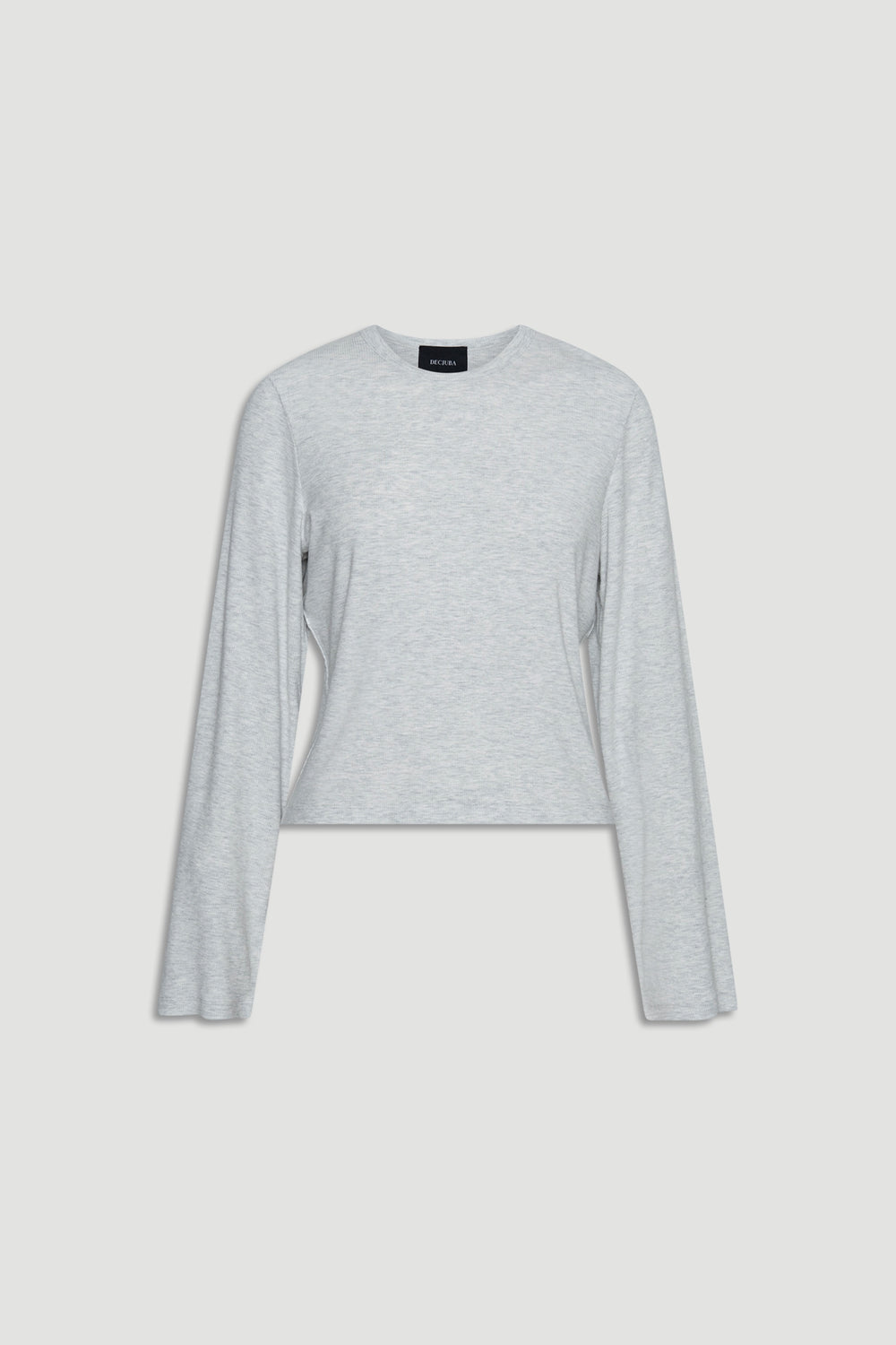 Light grey ribbed long sleeve top with relaxed fit and simple crew neckline for effortless casual style