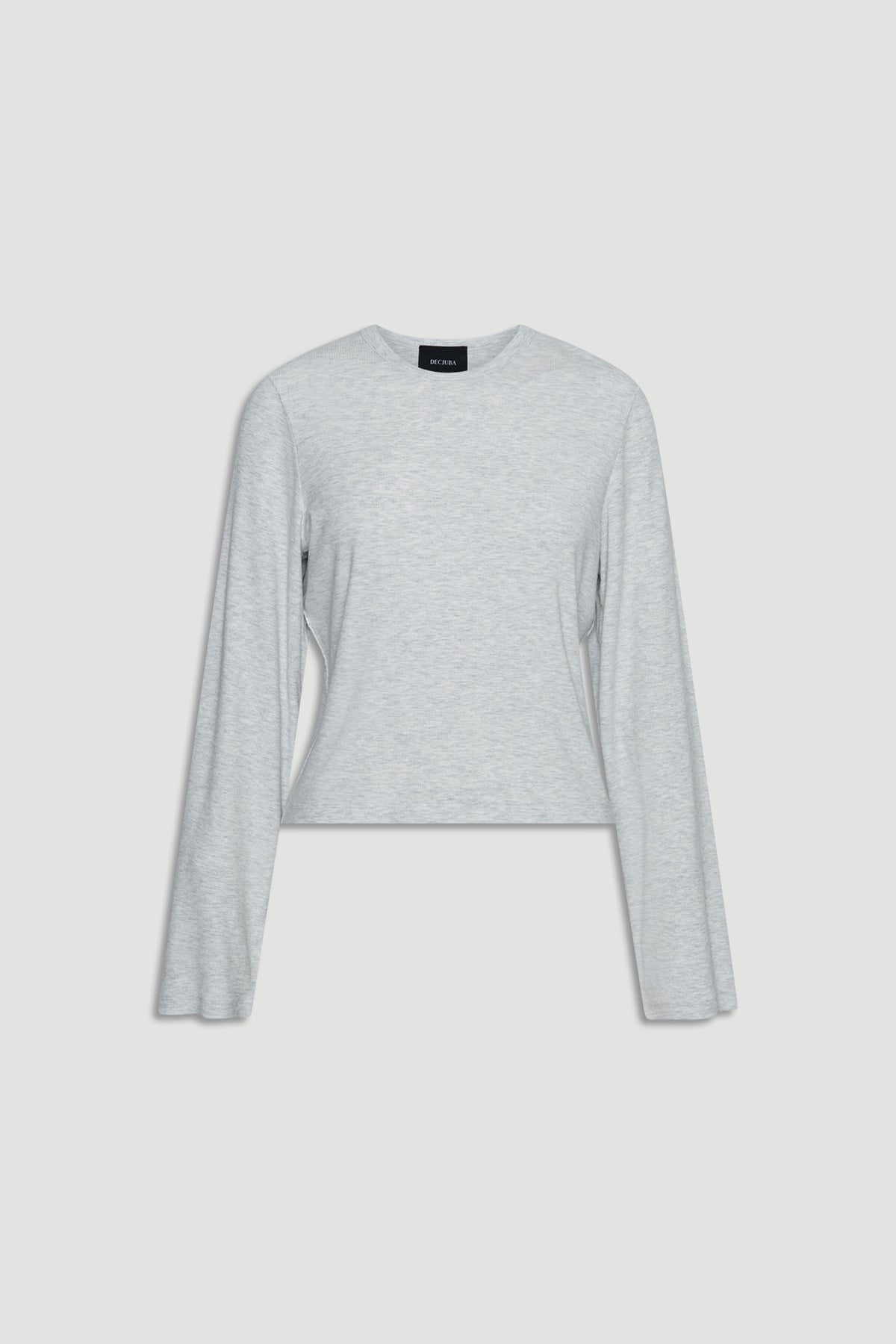 Light grey ribbed long sleeve top with relaxed fit and simple crew neckline for effortless casual style
