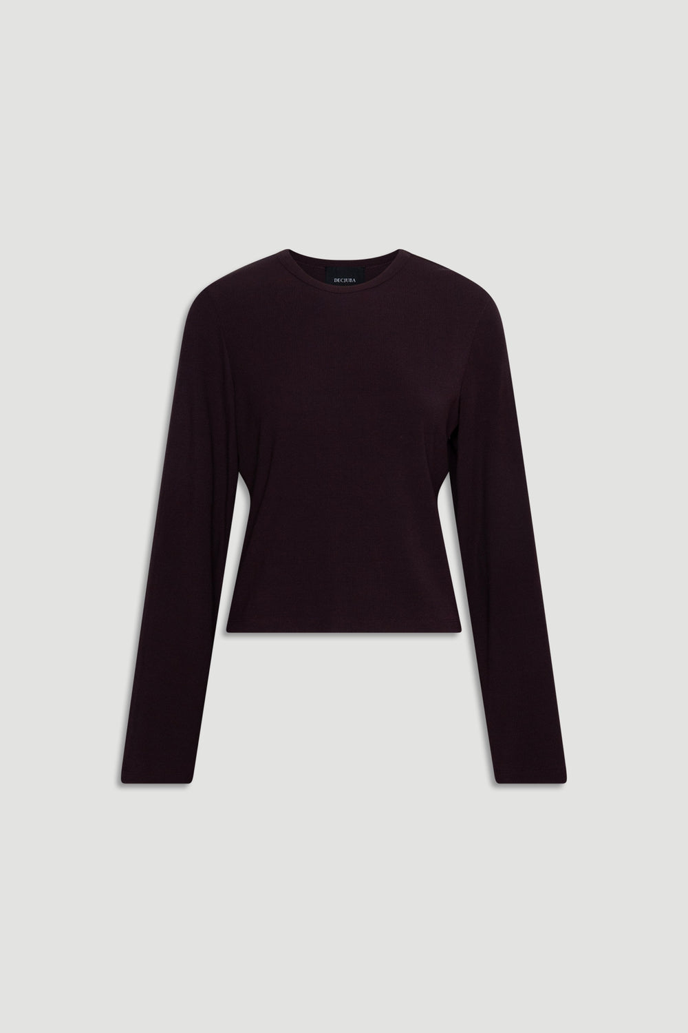 Dark ribbed long sleeve top with a fitted silhouette and classic crew neckline for versatile layering and comfort
