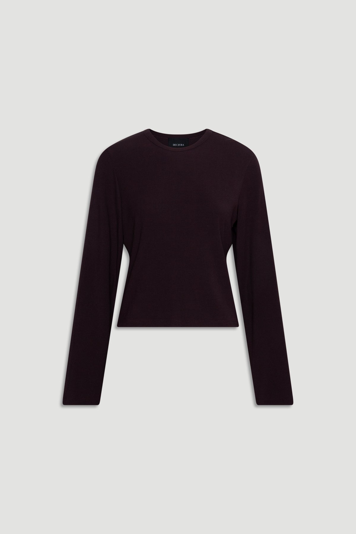 Dark ribbed long sleeve top with a fitted silhouette and classic crew neckline for versatile layering and comfort