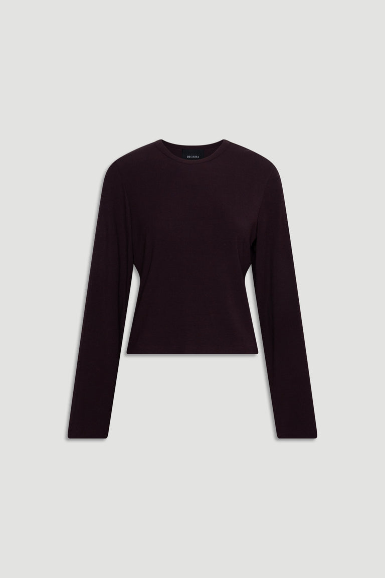 Dark ribbed long sleeve top with a fitted silhouette and classic crew neckline for versatile layering and comfort
