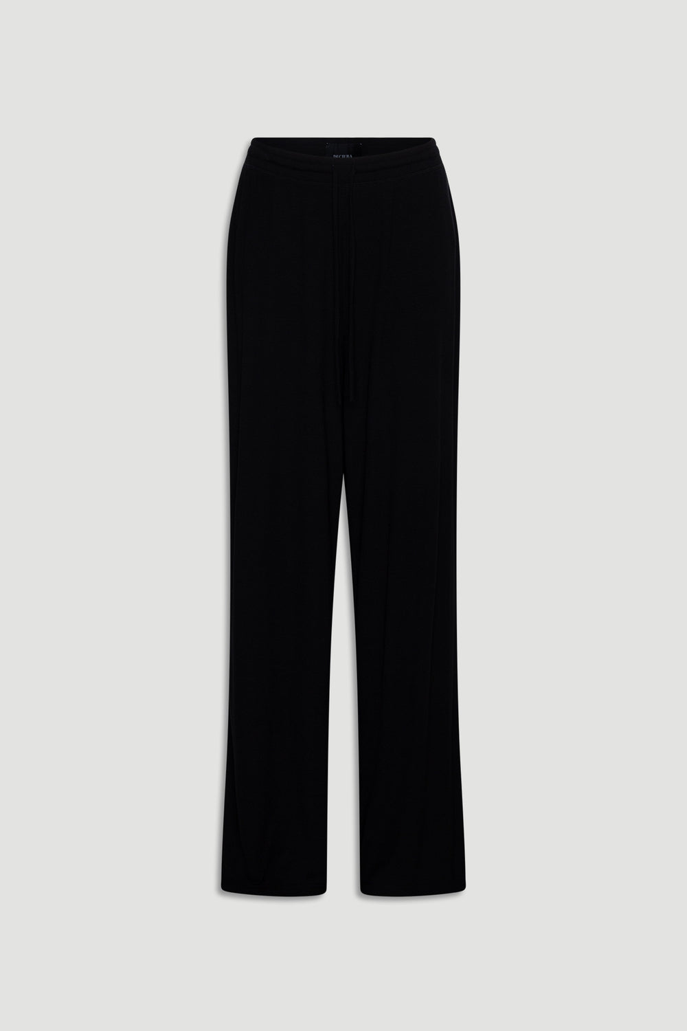 Black ribbed wide leg pants with a drawstring waist crafted for comfortable, relaxed loungewear style