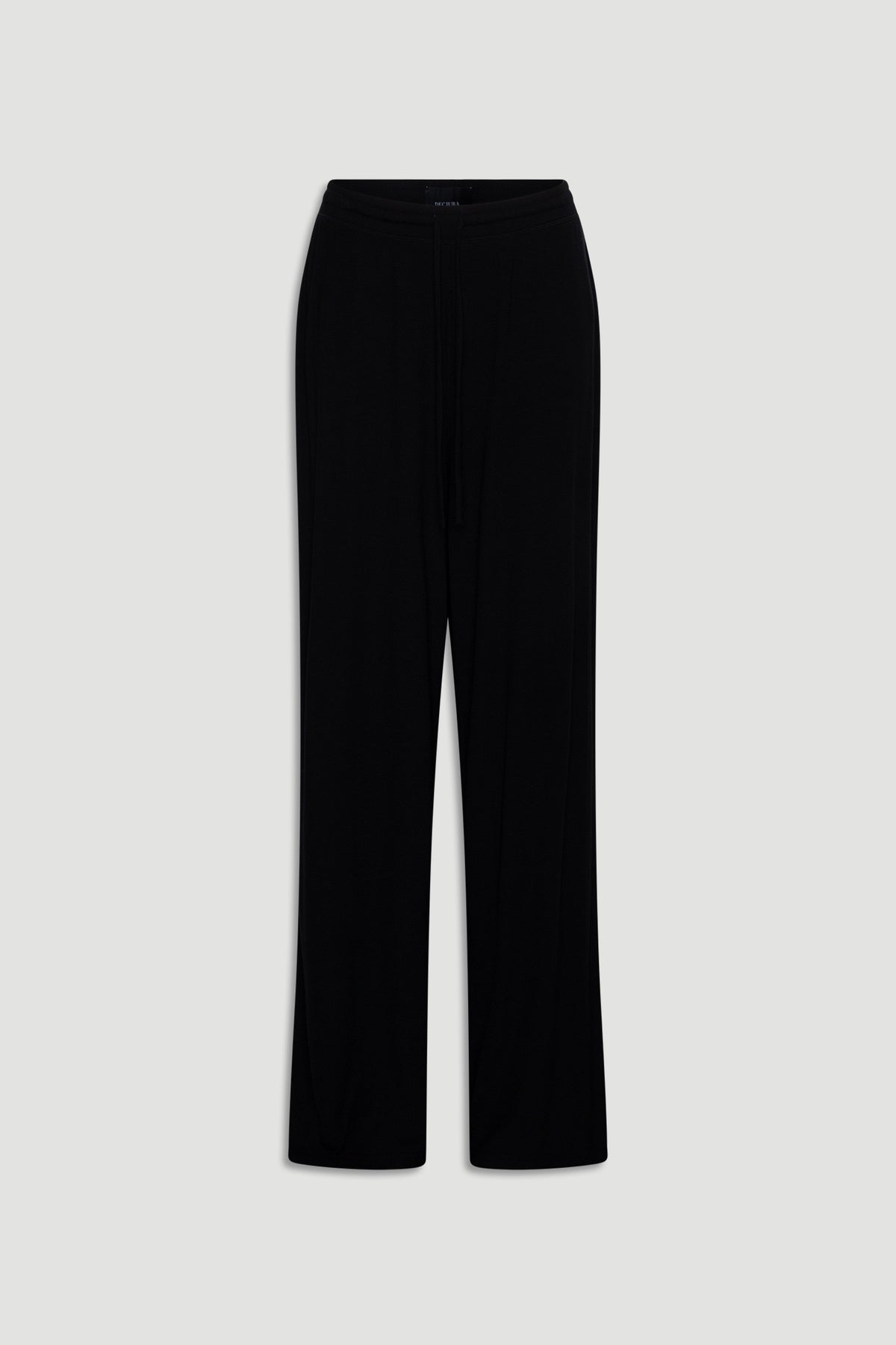 Black ribbed wide leg pants with a drawstring waist crafted for comfortable, relaxed loungewear style