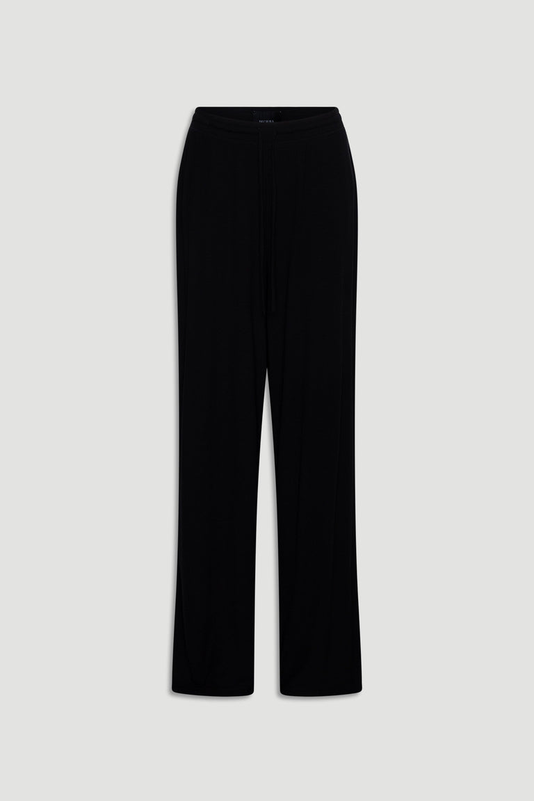 Black ribbed wide leg pants with a drawstring waist crafted for comfortable, relaxed loungewear style