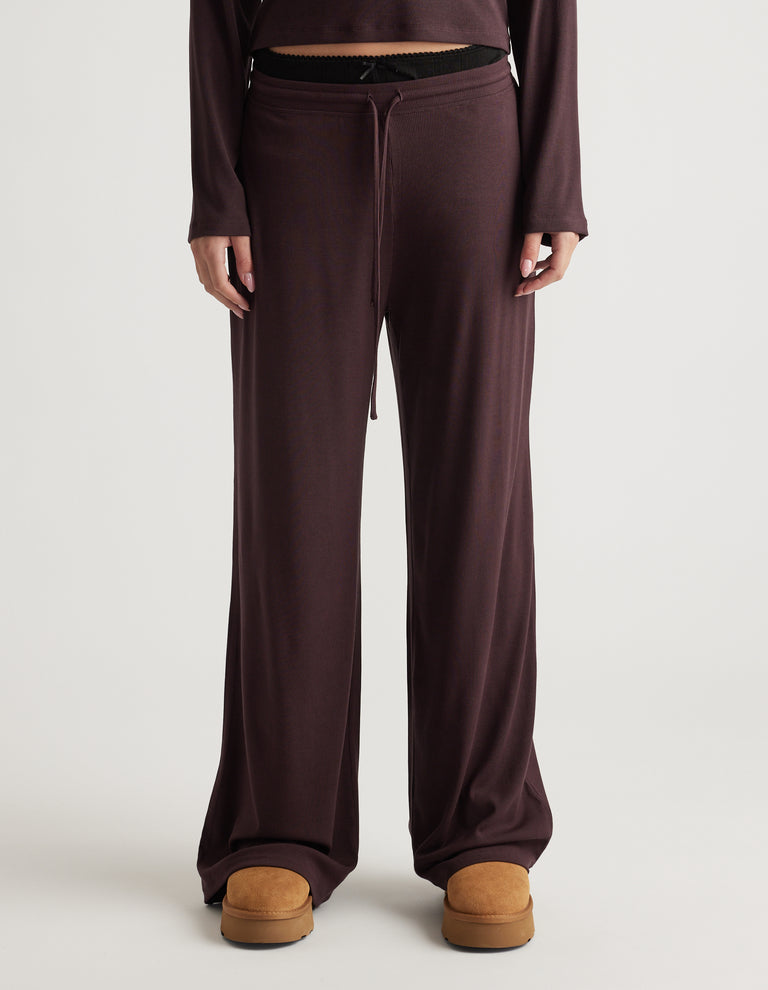 Soft ribbed wide leg pants in deep brown with drawstring waist and relaxed comfortable fit for everyday wear