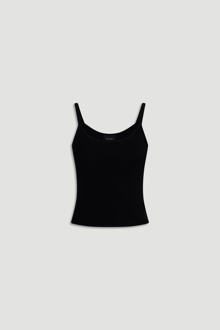 Black Sleep Ribbed Cami Top with slim straps and a soft ribbed texture for comfortable, stylish layering.
