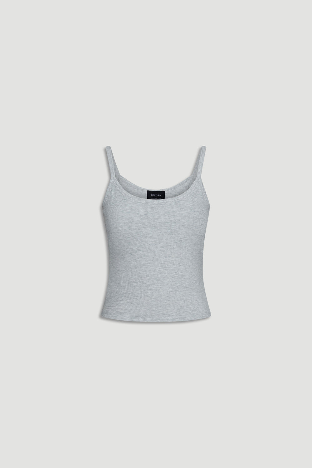 Light grey ribbed cami top with slim straps in soft, breathable fabric for versatile and comfortable wear