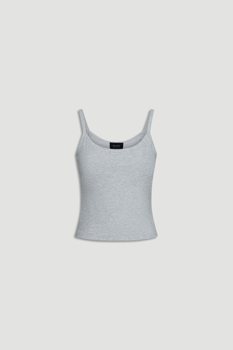 Light grey ribbed cami top with slim straps in soft, breathable fabric for versatile and comfortable wear
