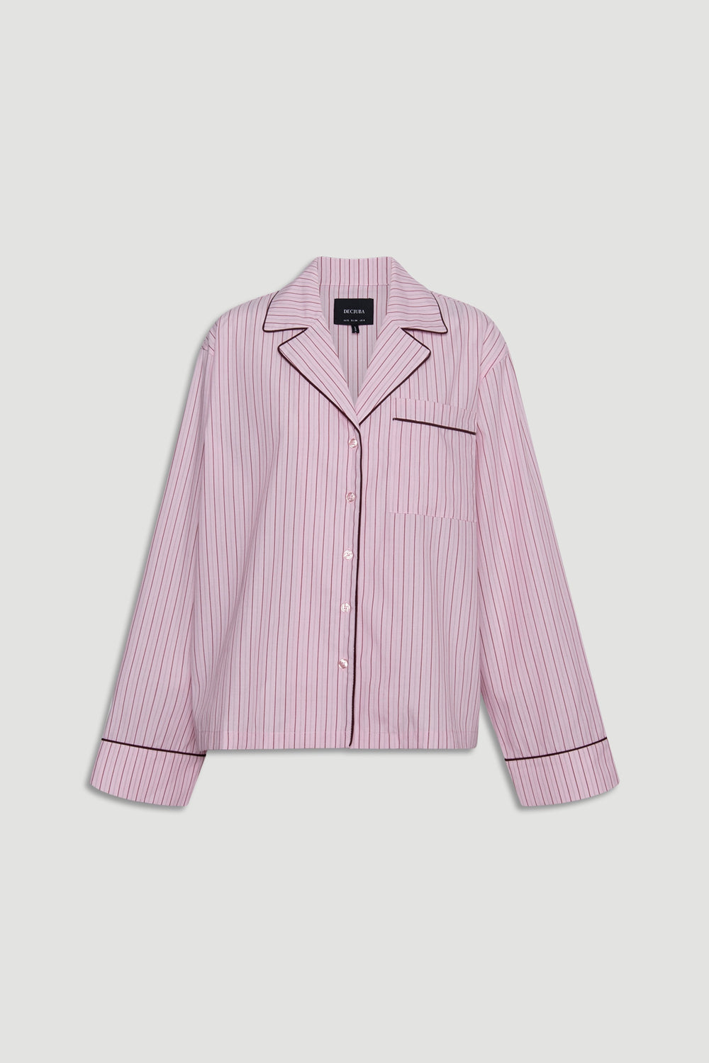 Soft pink sleep shirt with fine berry stripes and contrast piping on collar, cuffs, and chest pocket for a classic cozy look