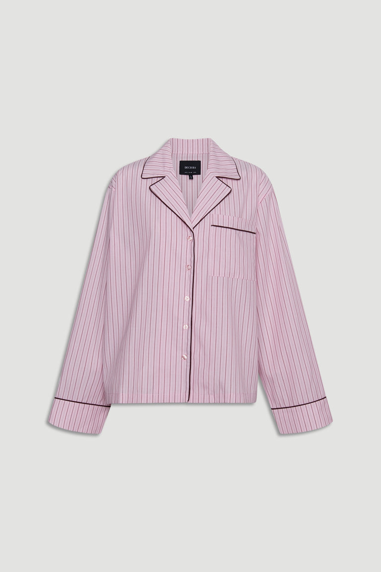 Soft pink sleep shirt with fine berry stripes and contrast piping on collar, cuffs, and chest pocket for a classic cozy look