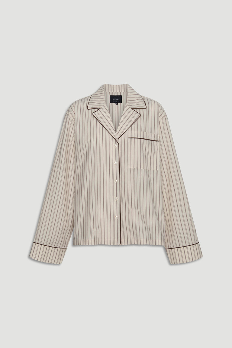 Light beige sleep woven long sleeve shirt with thin brown vertical stripes and contrasting piping on collar, pocket, and cuffs for a refined look