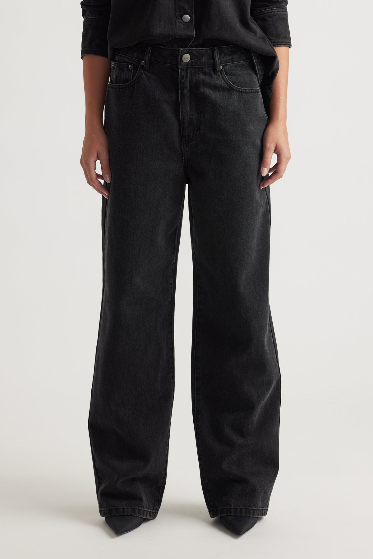 Ariana Straight Leg Jean in black denim featuring a relaxed fit and classic five-pocket design by DECJUBA Australian brand