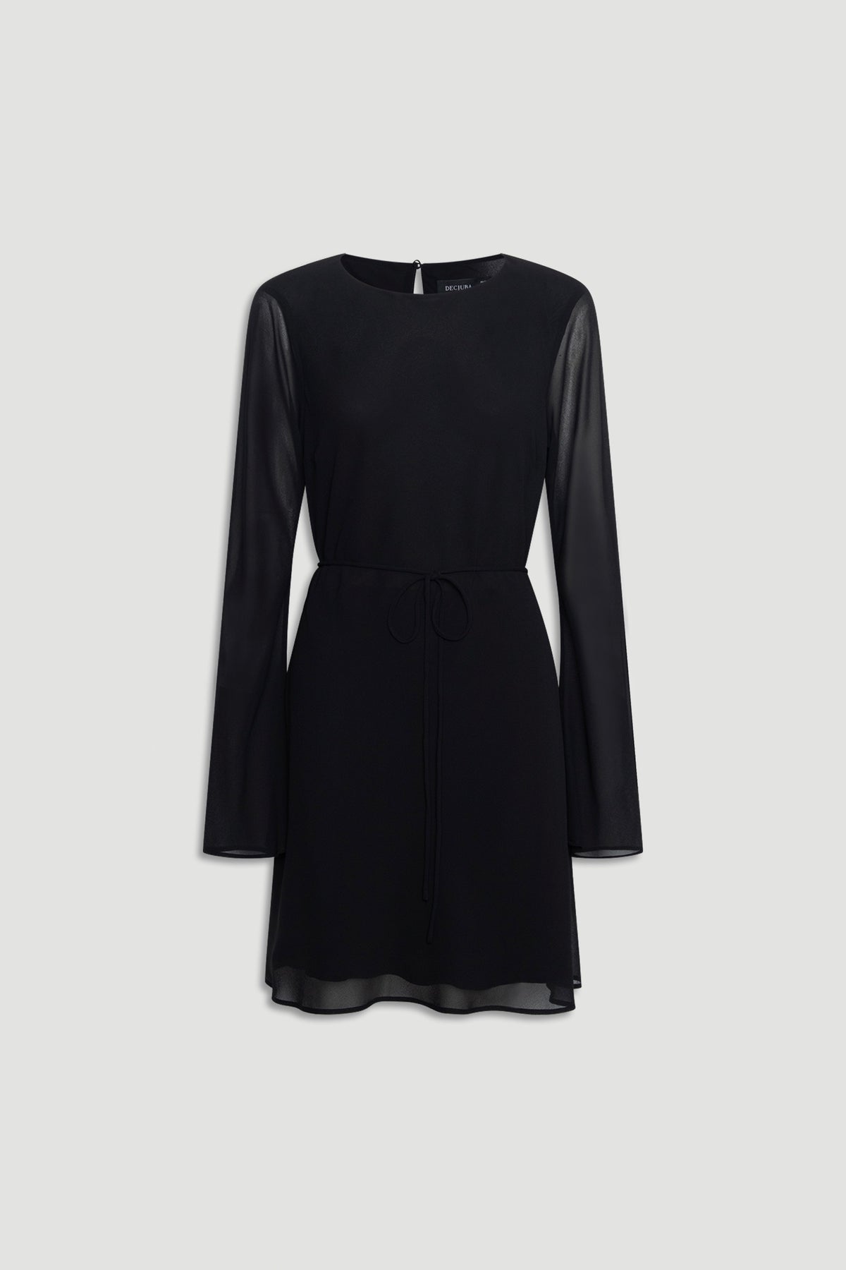 Chelsea Georgette Mini Dress in black featuring sheer long sleeves, tie waist, and a lightweight, flowing fabric design.